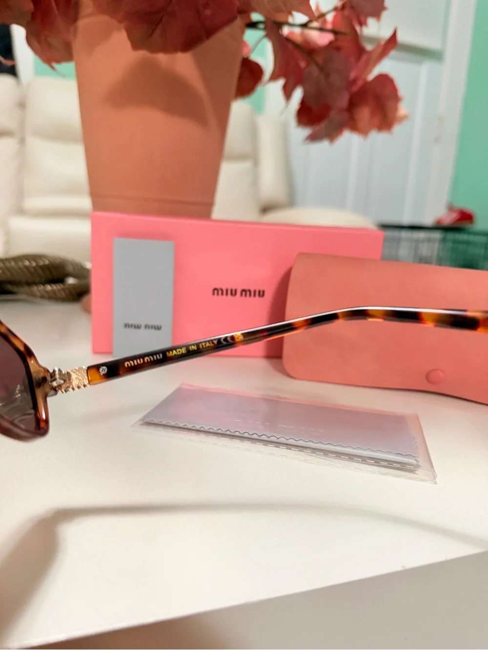 Miu Miu Tortoiseshell Sunglasses with Brown Lenses and Coral Pink Case